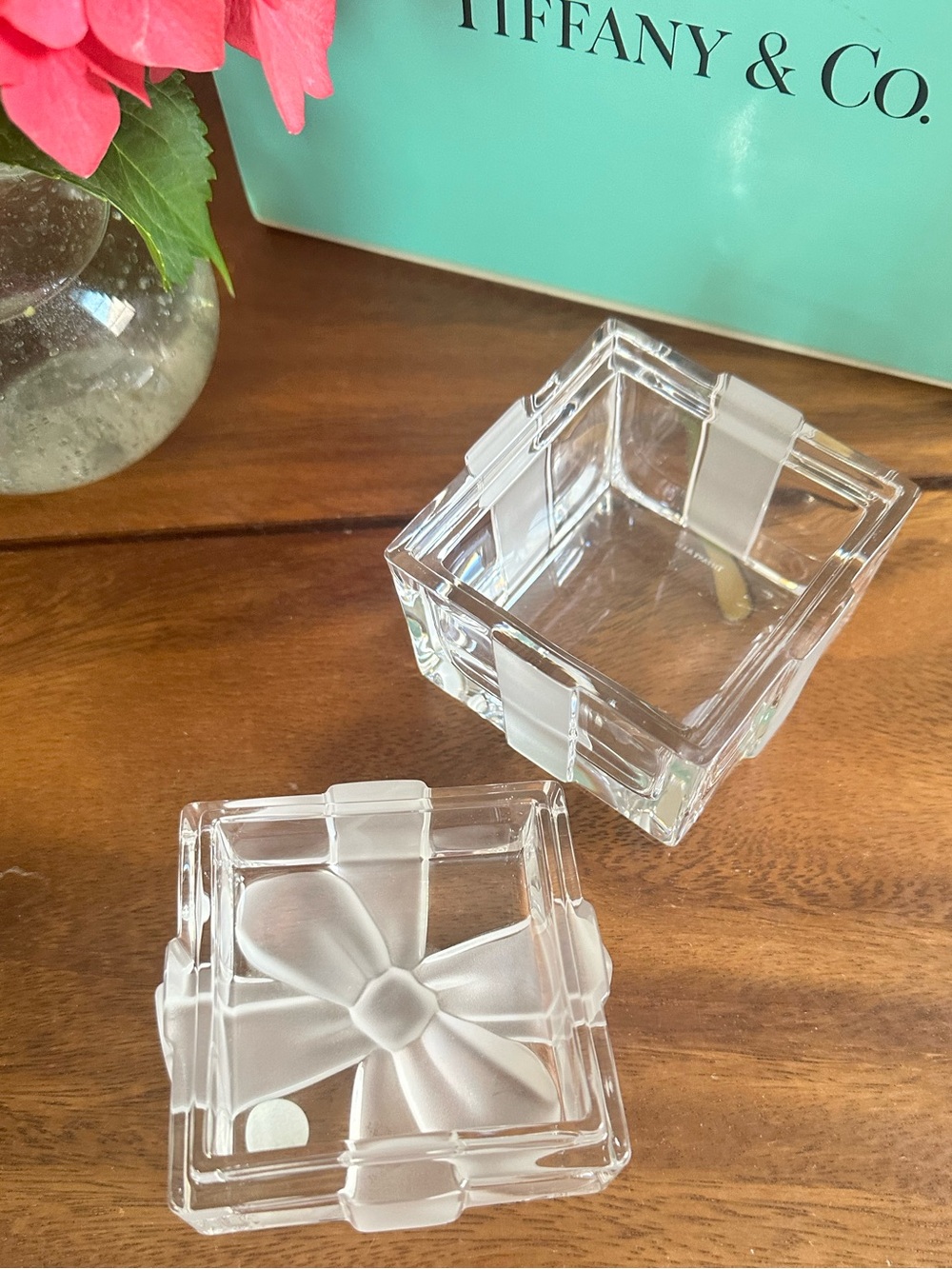 Tiffany & Co Crystal 3x3 Trinket Box Frosted Bow Jewelry Box w/ Tiffany Blue Box - Picture 8 of 12